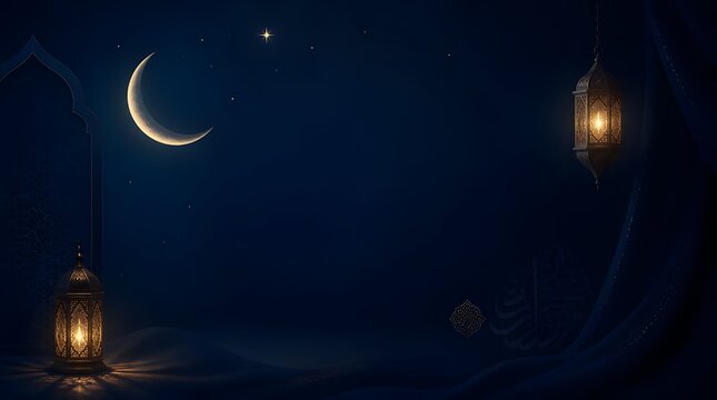 Glowing Arabic lanterns with crescent moon for Ramadan Islamic celebration