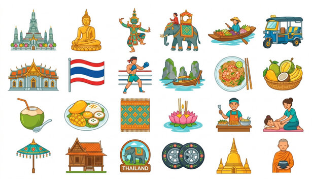 Thailand travel elements and culture landmarks vector illustration set