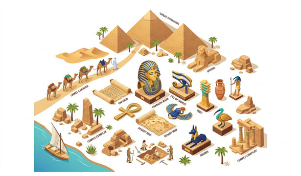 Ancient Egypt isometric map illustration with pyramids sphinx giza plateau and nile river vector.