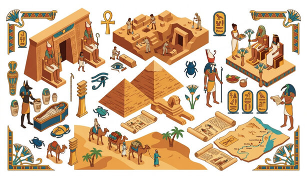 Egyptian history infographic elements collection with mummies camels desert map and hieroglyphs.