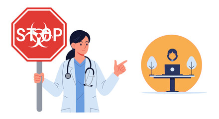 Fototapeta premium Doctor Stops Biohazard Threat, Points to Remote Work Setup
