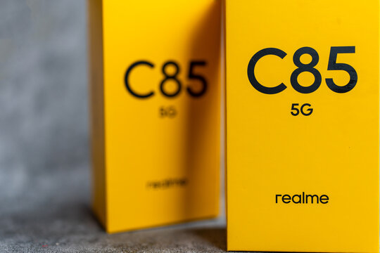 Bangkok, Thailand - May 22, 2026 : New smartphone in packaging Realme C85 5G