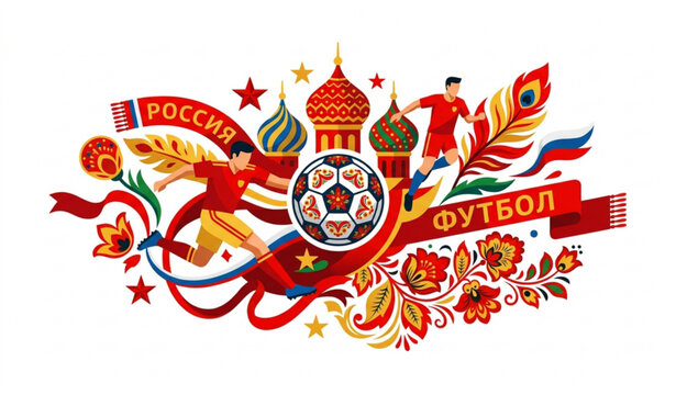 Russian football vector illustration with soccer players and traditional Khokhloma ornaments.