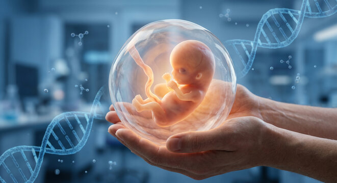 Hands holding transparent bubble with human fetus in laboratory