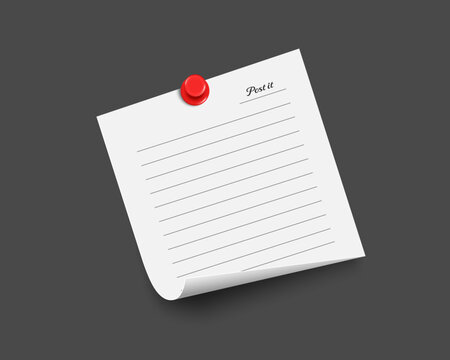 Lined notebook paper or sticky notes or post it held securely by red pin, showcasing realistic curled corner and soft drop shadow on dark backdrop, vector 3d illustration isolated for design