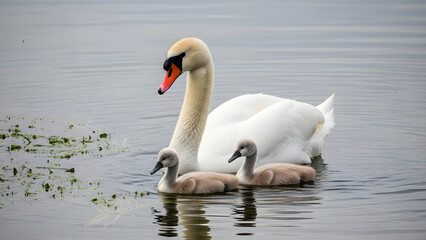 Obraz premium A swan and its cygnets swim together on a lake with water.