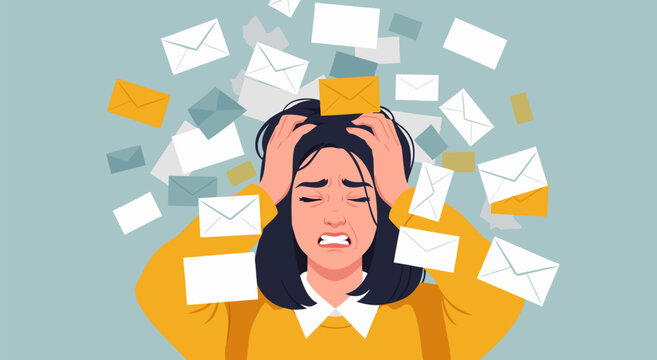 Overwhelmed woman in stress with too many emails flying around her head, vector illustration showing information overload and busy life