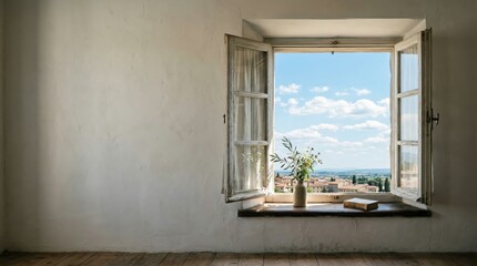 Fototapeta premium Open Rustic Window with Flowers and Book Over Scenic Sky View