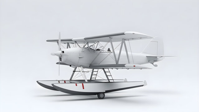 A large white seaplane floats on a small boat in calm waters on a sunny day.