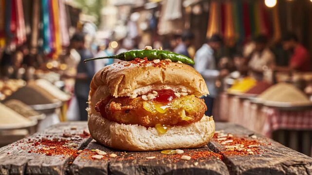 Spicy vada pav street food with green chili on wood, warm bokeh background of a mumbai market.