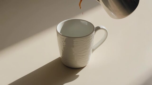 Minimalist close-up of a single white ceramic coffee cup on a clean beige table with morning light