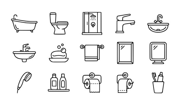 Bathroom icon set bathtub toilet shower sink line vector editable stroke