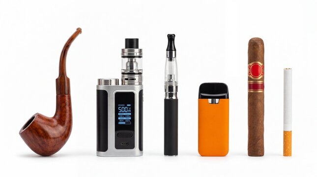 Collection of various smoking devices including traditional wooden pipe and modern electronic vaporizers on white background