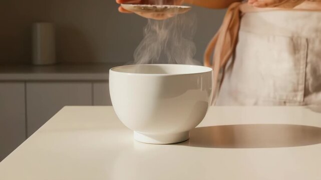 a bowl of hot food on a neutral colored kitchen table with warm ambient lighting.