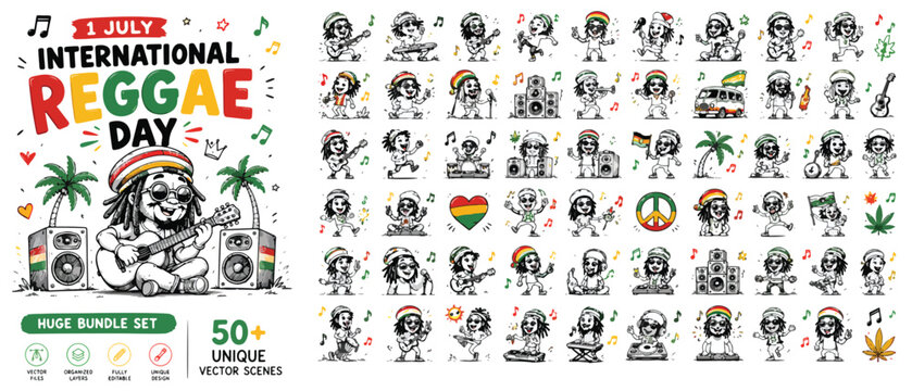 International Reggae Day vector bundle, 50 unique reggae character scenes and icons, rastafarian musician illustrations with dreadlocks and guitar