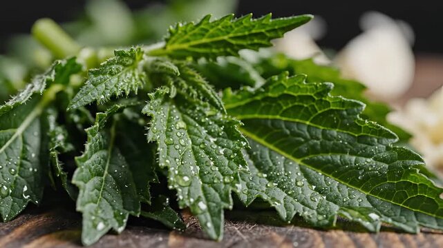 Closeup of fresh green stinging nettle leaves with water droplets.