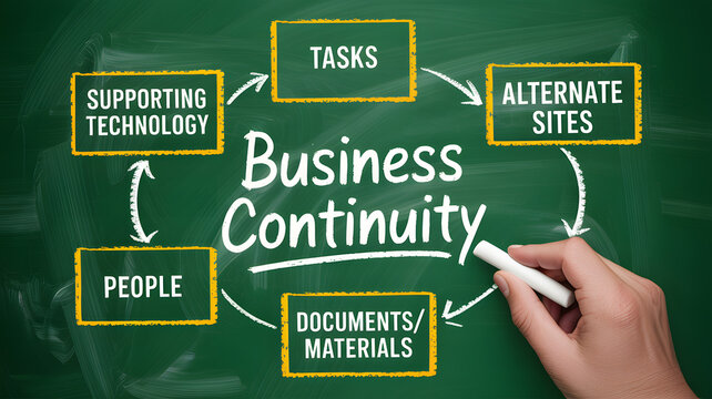 A hand writing business continuity plan on a green chalkboard with flowchart