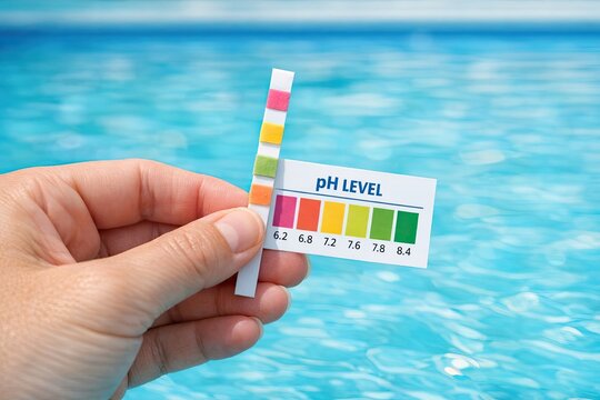 A person measures the temperature near a pool,