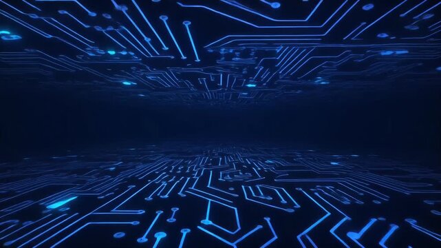 Blue circuit board pattern with glowing connections on black background. Static video of electronic pathways. No camera movement. Continuous seamless loop. Tech infrastructure concept.  