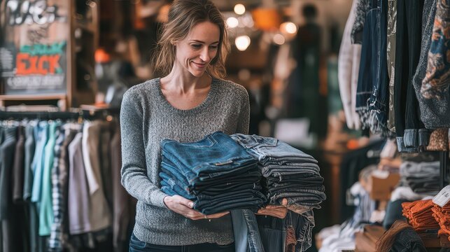 Woman holding stack of folded jeans and sweaters in clothing store with warm lighting