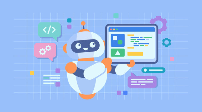 Friendly robot chatbot character holding a digital screen with code.