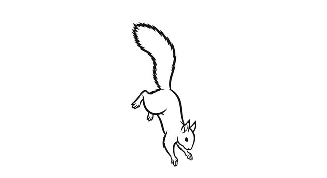 Simple black and white line art illustration of a squirrel jumping downwards through the air on a plain background.