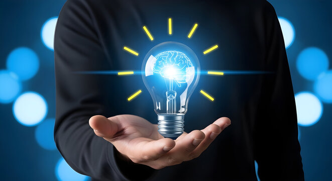 Person holding glowing blue light bulb in hand with yellow rays