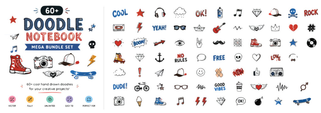 Hand-drawn doodle notebook mega bundle set, 60+ urban street style vector icons, retro sketch elements for creative projects and social media