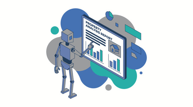 Robot analyzing property data on a digital screen, showcasing artificial intelligence in real estate.