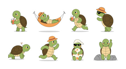 Fototapeta premium Adorable set of turtle characters participating in various leisure and sports activities on a white background.