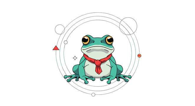 Detailed illustration of a bright green tree frog wearing a red neck scarf centered in a circular geometric frame.