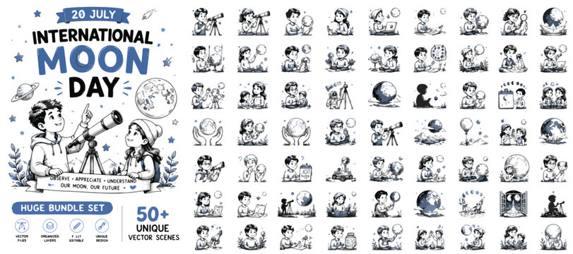 International Moon Day bundle set, 50 unique vector scenes of children observing space, hand drawn astronomy icons for education and science