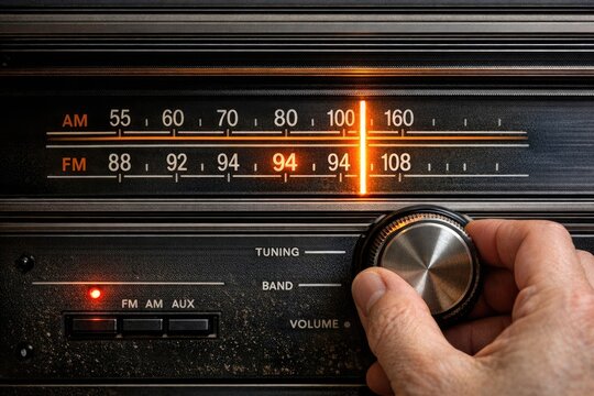 A person tweaking radio controls on a vintage-style radio set