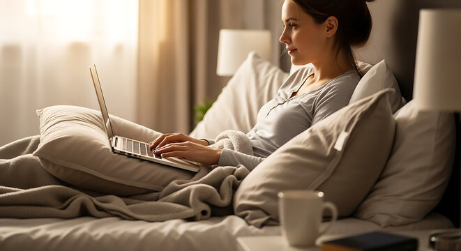 Woman typing on laptop in cozy bed with warm morning sunlight illuminating the scene