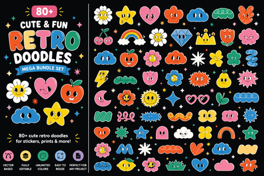 Retro doodles mega bundle set, 80 plus cute and fun cartoon characters, colorful vintage aesthetic icons for stickers and prints, vector illustration