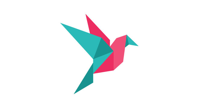 Elegant origami bird illustration crafted with sharp geometric folds in a stylish color palette of teal and bright pink on white.