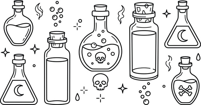Minimalist magic potion bottle line art set featuring poison skull moon flask magic bubbles sparkles and black witch vector icons