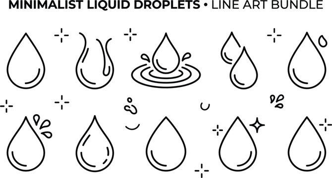 Minimalist liquid droplets line art bundle featuring water drop icons splash ripples sparkles and clean black vector outline shapes