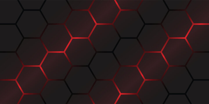 Futuristic abstract hexagonal pattern  dark matte black honeycomb grid with glowing red neon edges  Technology presentation background