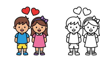 Fototapeta premium Cute cartoon little boy and girl with hearts. Happy kids color and black and white outline version for coloring book page. Vector illustration.