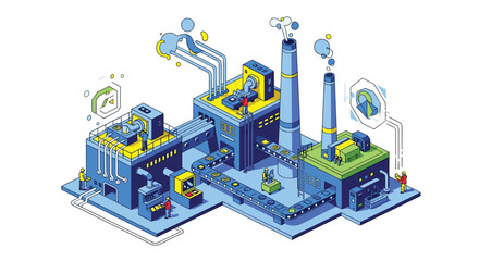 Fototapeta premium Detailed isometric illustration of a large industrial factory complex with blue buildings yellow pipes and busy workers.