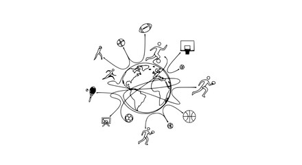 Global Sports Connection: Diverse Athletics Orbiting Earth in Doodle Style © Helm