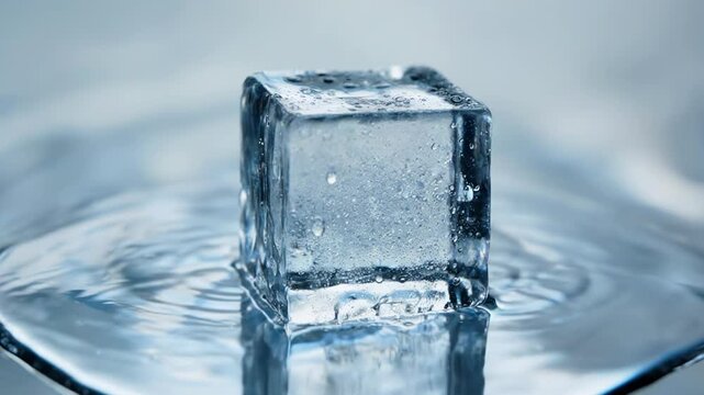 A single ice cube melts on a reflective surface in a minimalist setup.