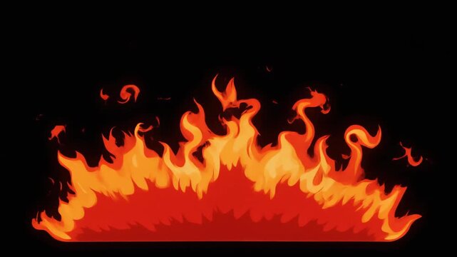 Stylized fire animation on black background. Red and orange flames flickering steadily. 2D cartoon effect for video games and motion graphics. High contrast visual element sequence.