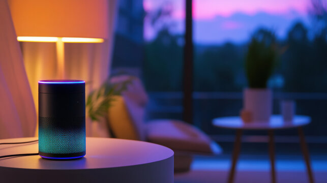Smart speaker device on a table in a cozy living room with a lamp and a window during sunset
