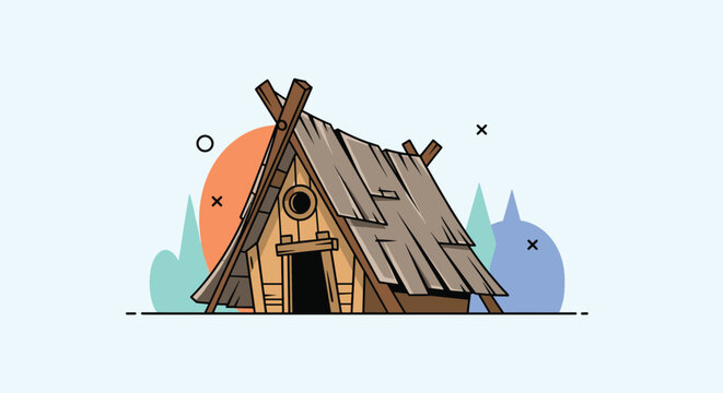 Simple wooden cabin or forest hut illustration with a triangular roof and rustic log frame against a light background.