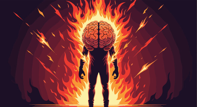 Intense pixel art illustration of a human figure with a large brain for a head standing amidst raging red and orange flames.