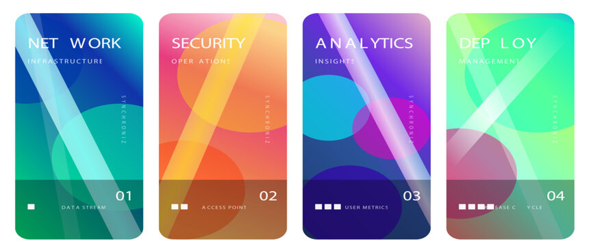 Colorful app interface elements with network, security, analytics and deploy text