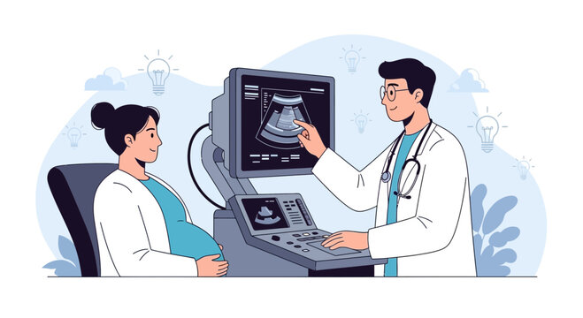 Doctor Showing Ultrasound Image to Pregnant Woman, Modern Medical Illustration