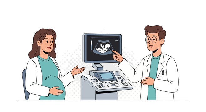Doctor showing ultrasound scan of fetus to pregnant woman in clinic